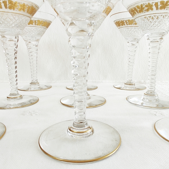 Val St Lambert Cut Crystal Martini Glass Stemware, Set of 9, Gold Gilt Grapevine - Picture 8 of 14